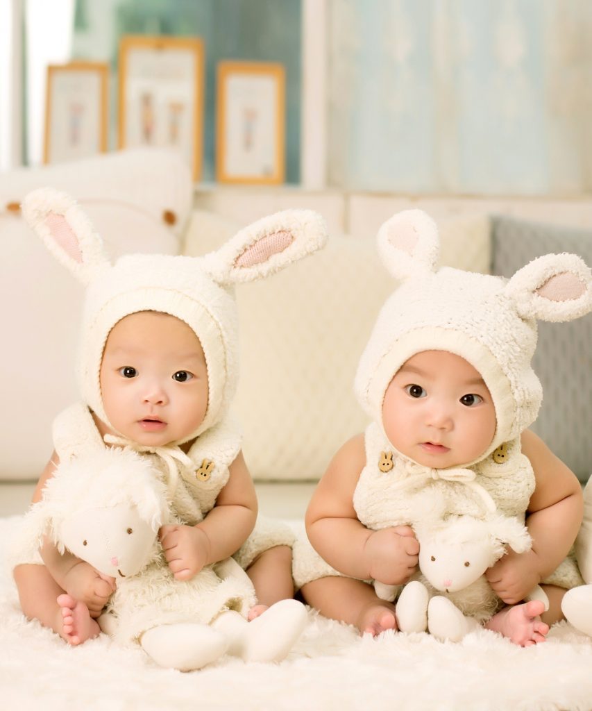 Adorable asian babies in bunny costumes holding lambs on a bed