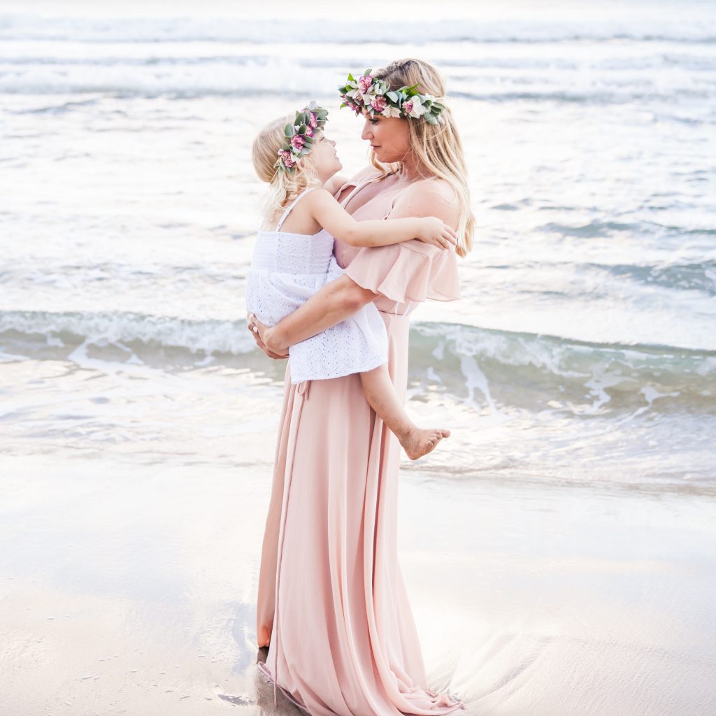 bridesmaid mum and daughter on the beach 