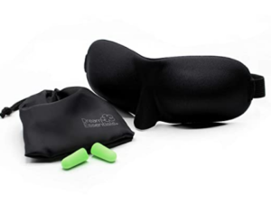 molded black eyeshades and green earplugs in pouch